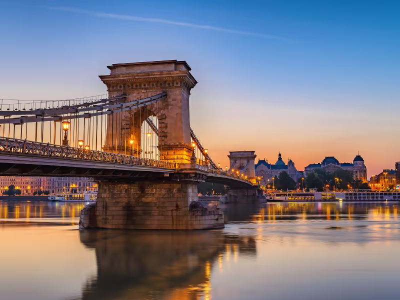 Chain Bridge above Danube River in Budapest, Hungary