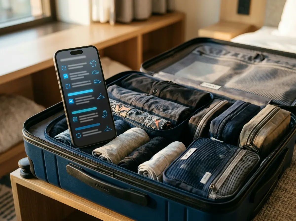 travel packing list app on smartphone with open suitcase