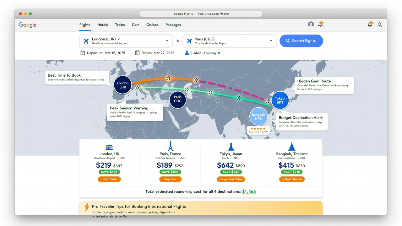 Google Flights Tricks interface showing price grids and filters